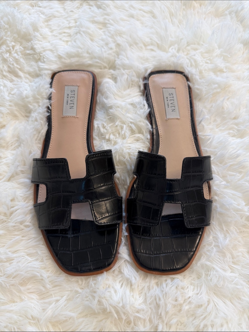 Steven By Steve Madden Black Croc-Embossed Slide Mules